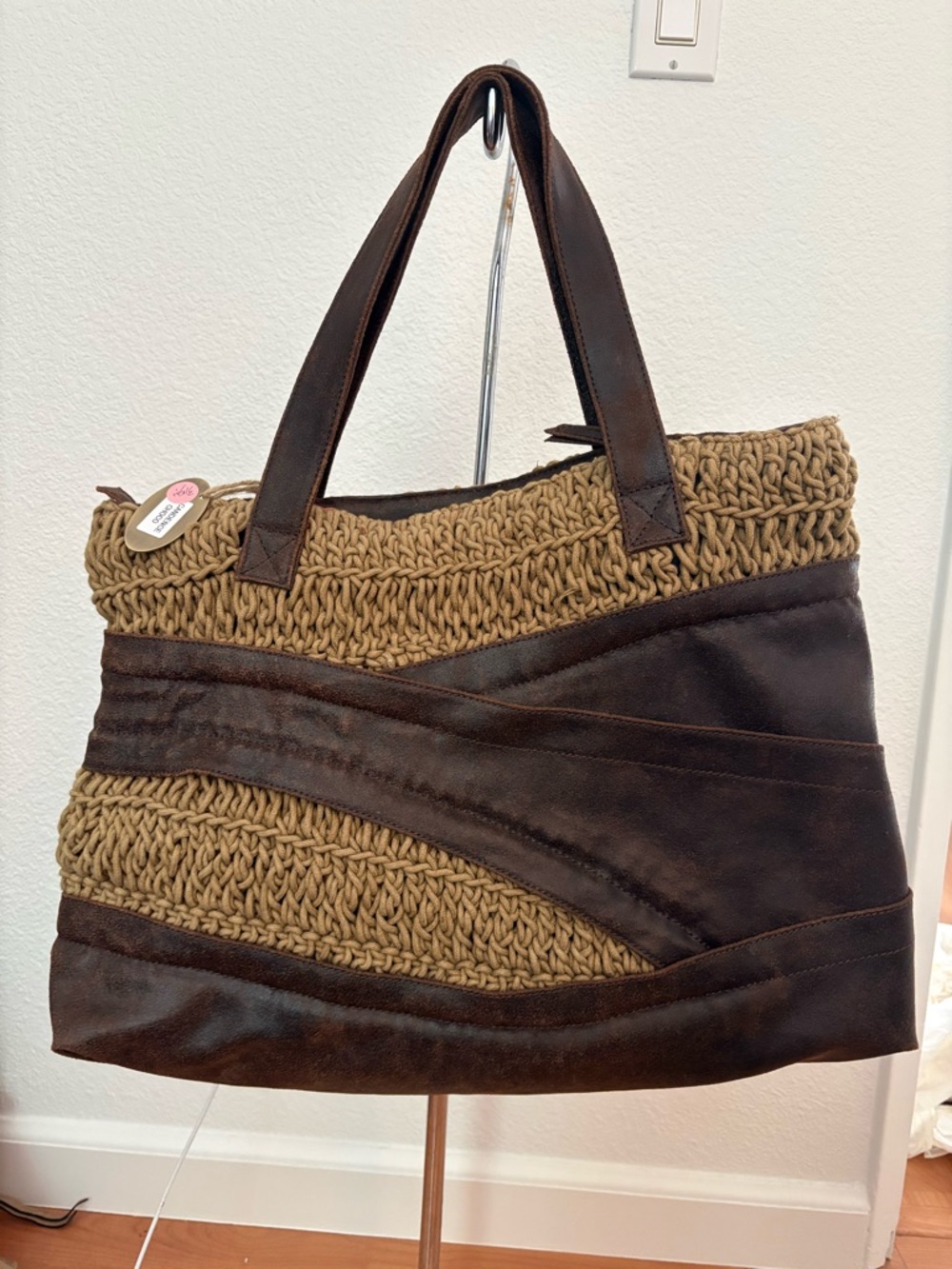 Woven Straw and Dark Brown Leather-Trim Tote